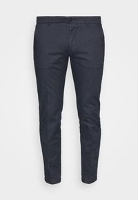 Mörkgrå slim-fit herrbyxor med framdragkedja, knappstängning, bälteslöpar och sidofickor, visade mot vit bakgrund.