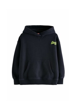 Marineblauer Kapuzenpullover aus weichem Material, mit einer Vordertasche und einem neongrünen Logo auf der linken Brust. Verstellbare Kapuze mit Kordelzug.