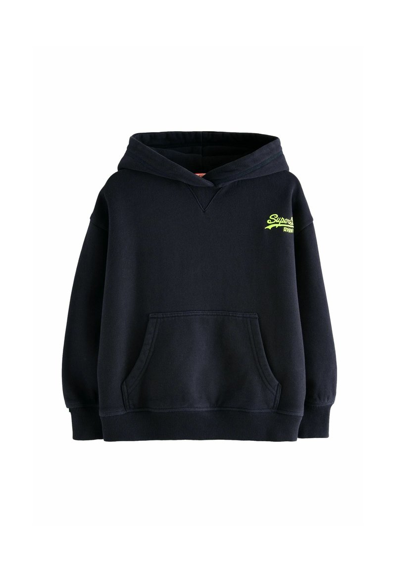 Felpa con cappuccio navy realizzata in tessuto morbido, dotata di una tasca frontale e un logo verde neon sul lato sinistro del petto. Cappuccio regolabile con cordino.