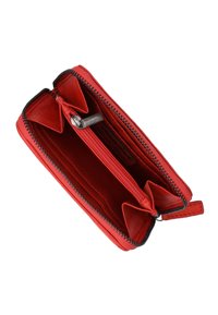 Red leather wallet featuring a zip closure, multiple compartments, and a textured interior. Hardware includes a metal zipper and pull tab.