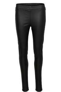Schwarze Leggings aus Kunstleder mit glatter Textur, figurbetontem Schnitt und elastischem Bund. Minimale Nähte und keine Taschen.