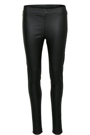 Leggings negre din piele ecologică, cu o textură netedă, siluetă ajustată și talie elastică. Cusături minime și fără buzunare.
