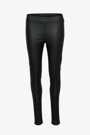 Leggings de imitación cuero negros con una textura suave, silueta ajustada y cintura elástica. Costuras mínimas y sin bolsillos.