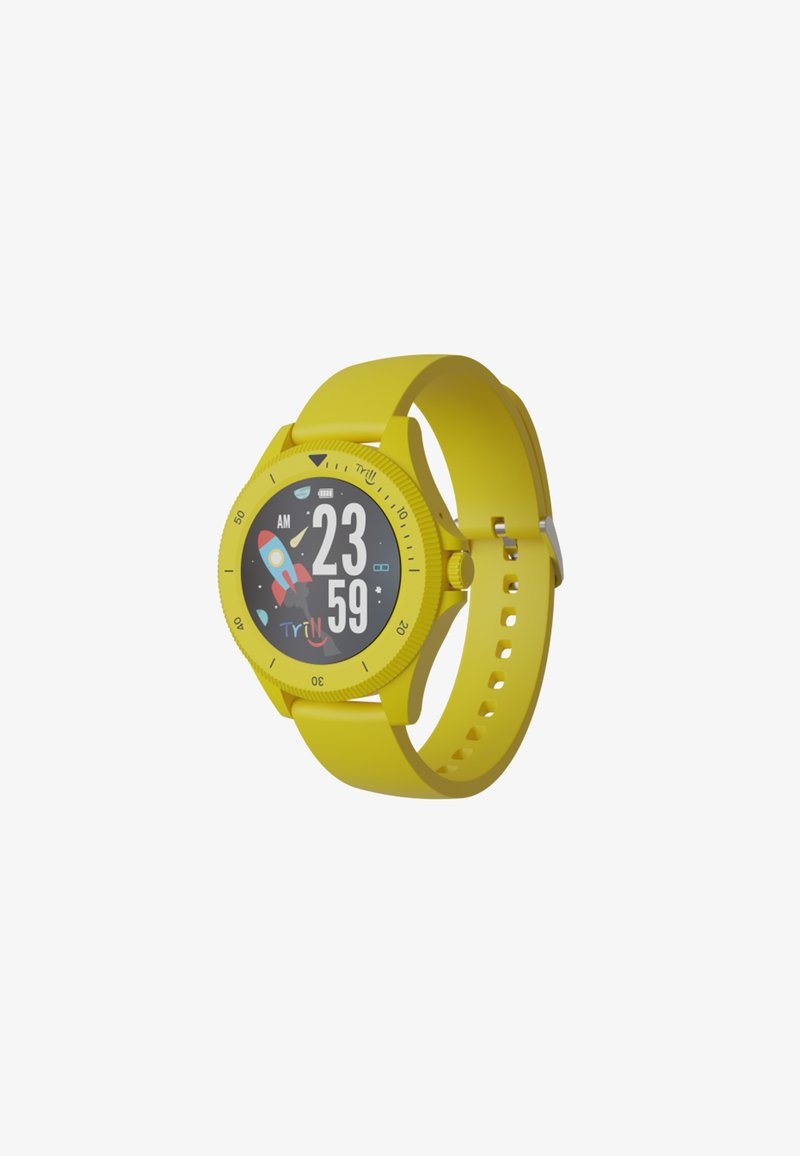 Orologio smartwatch giallo con cassa rotonda, display digitale nero che mostra l'ora e icone. Caratterizzato da un cinturino in silicone con fori regolabili e una corona.