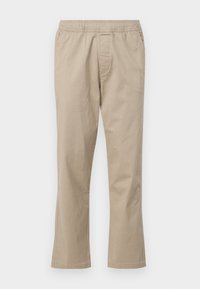 Beige cotton pants with an elastic waistband, straight leg design, and visible stitching details. Smooth texture and no additional patterns.