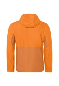 Oranje jack met een capuchon, voorzien van een lichter oranje paneel op de taille en elastische manchetten. Glad, lichtgewicht stof.