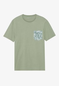 Green cotton T-shirt with short sleeves, featuring a floral-patterned pocket in a lighter shade. Classic crew neck design.
