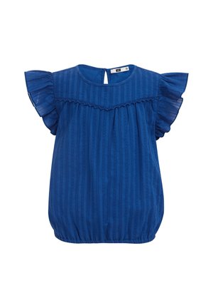 Blå bluse med flæseærmer, tekstureret vertikalt stribemønster, rund halsudskæring og elastisk kant, designet til børn.