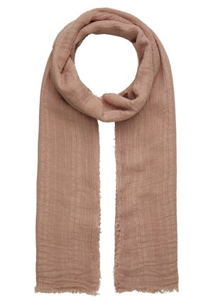 Lysebrun tekstureret tørklæde med subtile lodrette striber, løst snoet, der viser blødt, letvægtsstof og let flossede kanter.