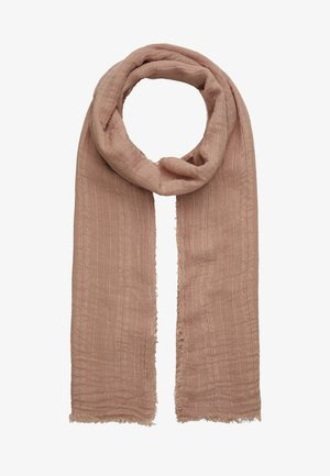 Lichtbruine, gestructureerde sjaal met subtiele verticale strepen, losjes omgevouwen, met een zachte, lichte stof en licht versleten randen.