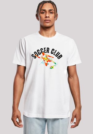 White cotton t-shirt featuring a colorful soccer player graphic and “SOCCER CLUB” text in bold black letters. Round neckline and short sleeves.