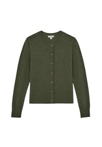 Sötétzöld kardigán, puha kötött anyagból. Kerek nyakkivágással, bordázott mandzsettákkal és nyolc fa gombból álló sorral rendelkezik az elején.