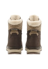 Waterdichte bruine enkellaarzen met een zachte, beige fleece voering, duurzame buitenkant en een gestructureerde rubberen zool voor grip. Voorzien van een merklogo.