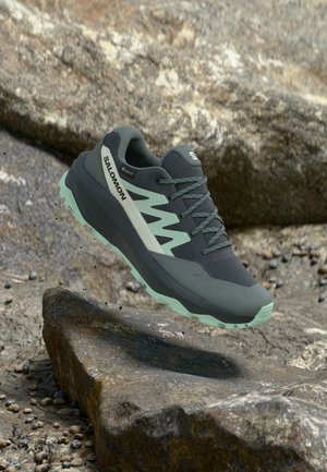 Temno siva in svetlo zelena tekaška obutev Salomon za trail, ki visi nad skalnatim zunanjim terenom, poudarjajoč podplat z oprijemom in material Gore-Tex.