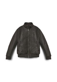 Schwarze Bomberjacke mit Reißverschluss, strukturiertem Obermaterial, Stehkragen und gerippten Bündchen sowie Saum. Glattes Material mit einem dezenten Glanz.
