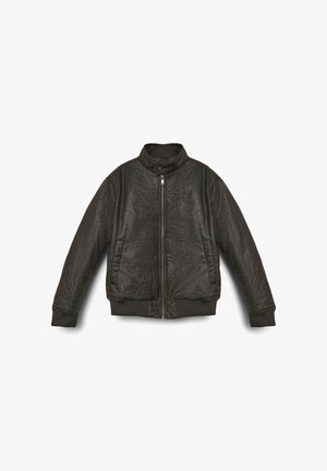 Veste bomber noire zippée avec une surface texturée, col montant et poignets et ourlet côtelés. Tissu lisse avec un léger éclat.