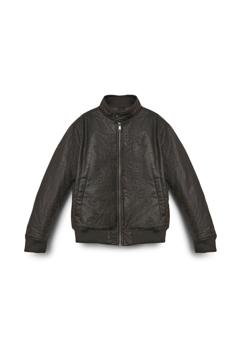 Schwarze Bomberjacke mit Reißverschluss, strukturiertem Obermaterial, Stehkragen und gerippten Bündchen sowie Saum. Glattes Material mit einem dezenten Glanz.