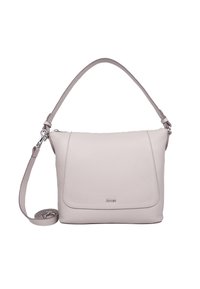 Hellgraue Leder-Umhängetasche mit strukturiertem Design, verstellbarem Riemen und einer Frontklappen-Tasche. Auf der Vorderseite ist dezentes Branding zu sehen.
