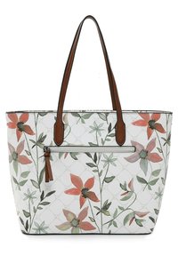 Sac tote blanc avec des motifs floraux en rose et vert, poignées en cuir marron, et une poche zippée à l'avant avec un pompon décoratif.