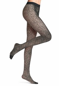 Collant neri trasparenti con motivo a macchie di leopardo, dotati di una vita nera a tinta unita e punte aperte, che offrono una texture liscia e un design elegante.