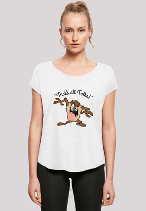 White, short-sleeve T-shirt with a round neckline featuring a cartoon character Tasmanian Devil and the text "That's all Folks!" in black.