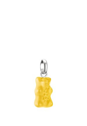 Yellow gummy bear shaped pendant with silver loop on white background.