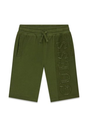 Olivgrüne knielange Shorts mit elastischem Bund, Kordelzug, Seitentaschen und erhabenem "GUESS"-Logo auf dem rechten Hosenbein.