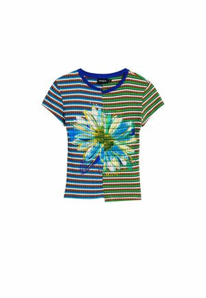Camiseta de rayas con un diseño floral impreso en azul y amarillo. Presenta mangas cortas y cuello redondo. Está hecha de una tela elástica.
