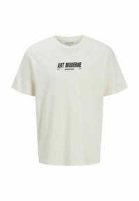 Hvid bomuld t-shirt med korte ærmer, rund halsudskæring og et trykt design med teksten "ART MODERNE åbningsaften" i sort.