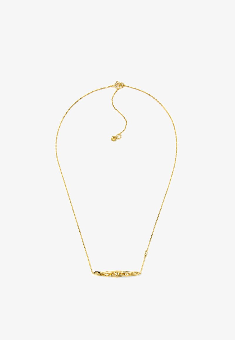 Zarte goldene Halskette mit kleinem, horizontalem Goldstab-Anhänger mit dezenten dekorativen Gravuren.