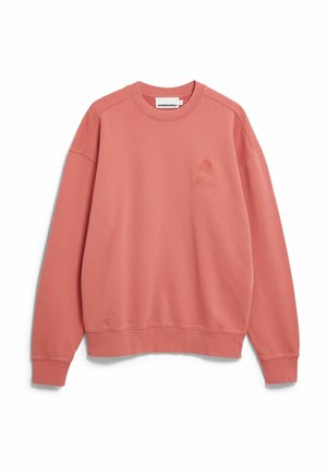 Gedämpftes korallenfarbenes Sweatshirt mit Rundhalsausschnitt und langen Ärmeln, mit gerippten Bündchen, Saum und einem kleinen gestickten Logo auf der linken Brust.
