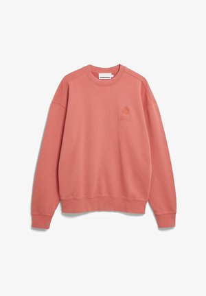 Gedämpftes korallenfarbenes Sweatshirt mit Rundhalsausschnitt und langen Ärmeln, mit gerippten Bündchen, Saum und einem kleinen gestickten Logo auf der linken Brust.
