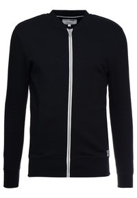 Felpa nera con zip, colletto rotondo, maniche lunghe, polsini e orlo a costine, dotata di una zip argentata e di un etichetta con logo sul fondo.