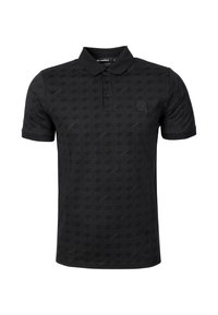 Svart pike-tröja med ett strukturerat geometriskt mönster, med klassisk krage, tvåknappars knäppning och en diskret logotyp på bröstet.