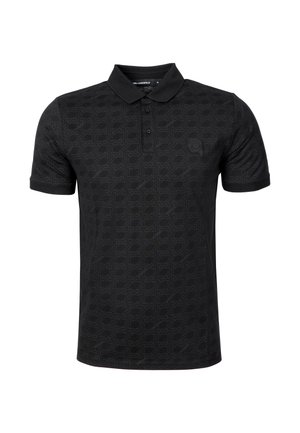Czarna koszulka polo z teksturowanym geometrycznym wzorem, posiadająca klasyczny kołnierzyk, plisę na dwa guziki oraz subtelne logo na piersi.