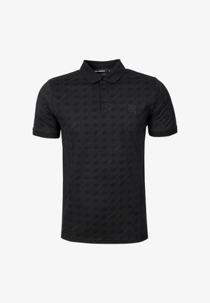 Czarna koszulka polo z teksturowanym geometrycznym wzorem, posiadająca klasyczny kołnierzyk, plisę na dwa guziki oraz subtelne logo na piersi.