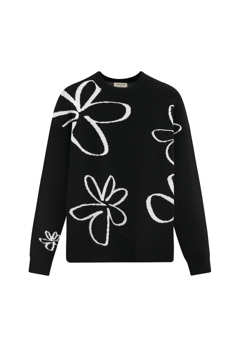 Pull noir à col rond, orné de motifs floraux blancs de formes et de tailles variées tricotés sur le devant et les manches.