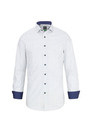 Weißes Herrenhemd mit langen Ärmeln, kleinem blauem Blumenmuster, dunkelblauem Innenkragen und Manschetten, durchgehender Knopfleiste vorne und Markenetikett im Innenkragen.