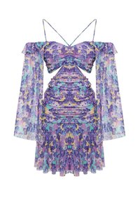 Ruched minikjole med off-shoulder ærmer i lilla, blå og gul blomsterprint. Gennemsigtigt stof med udstående skørt og justerbare stropper.
