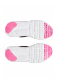 Semelle de chaussure de sport avec une base blanche texturée, des sections accentuées en rose et un design moucheté. Motifs rainurés pour la traction.