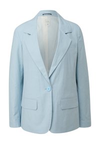 Blazer azzurro chiaro con revers a lancia, chiusura con un bottone e due tasche frontali. Realizzato in tessuto testurizzato con vestibilità su misura.