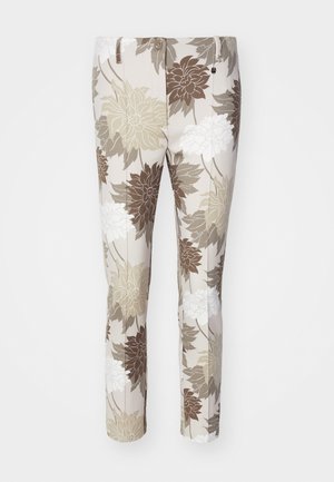 Hose mit floralen Mustern in Beige, Braun und Weiß. Sie verfügt über einen glatten Stoff mit geradem Bein und Knopfverschluss.