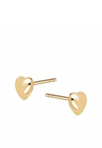 Złote kolczyki w kształcie serca, z gładkim wykończeniem i zapięciem na sztyft. Gładka tekstura, kompaktowy design odpowiedni do codziennego noszenia.