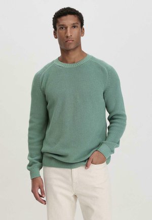 Hellgrüner, gerippter Strickpullover mit rundem Halsauschnitt und langen Ärmeln, kombiniert mit weißen Hosen. Der strukturierte Stoff zeigt ein einheitliches Muster.