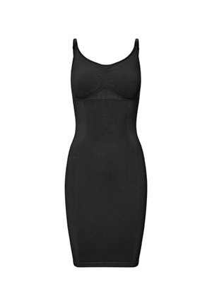 Must kleit ilma varrukateta, sisseehitatud rinnahoidjakuppidega ja reguleeritavate õlapaeltega, põlveni ulatuva pikkusega, keha vormi järgiva siluetiga.