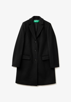 Zwarte wollen mix jas met een geknipte kraag, vijf knopen aan de voorkant, twee zijzakken en een getailleerd silhouet. Binnenvoering van stof.