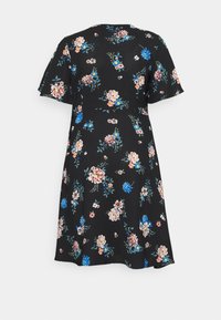 Vestido negro con flores y mangas cortas, que presenta flores multicolores en rosa y azul. Tejido suave, forma en A y diseño hasta la rodilla.