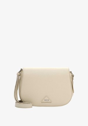 Beige leather crossbody bag with a textured surface, triangular logo accent, and a thin adjustable strap. Features a flap closure.