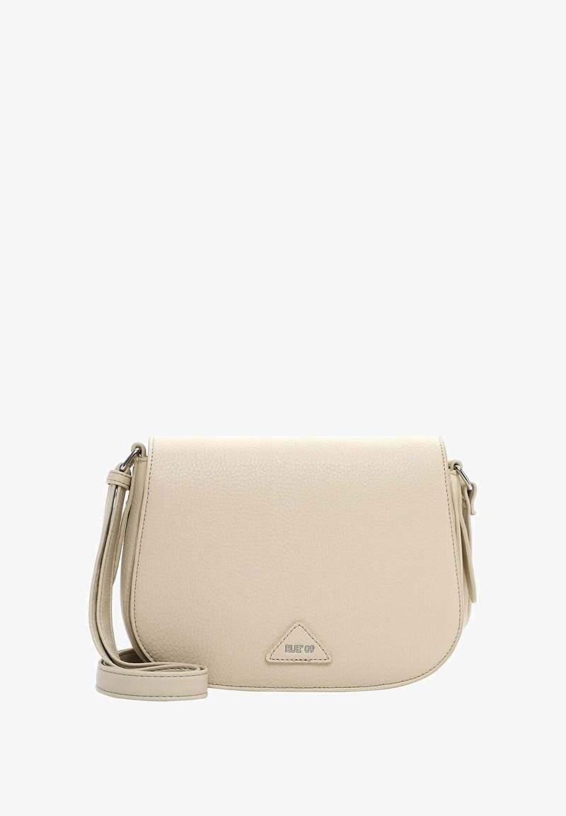 Borsa a tracolla in pelle beige con superficie testurizzata, accento del logo triangolare e una sottile tracolla regolabile. Presenta una chiusura a flap.
