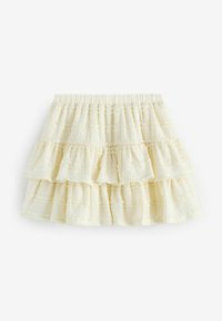 Gelaagde mini rok van zacht gele stof, met een ruchesdesign en kantaccenten. Elastische tailleband voor gemakkelijk draagcomfort.